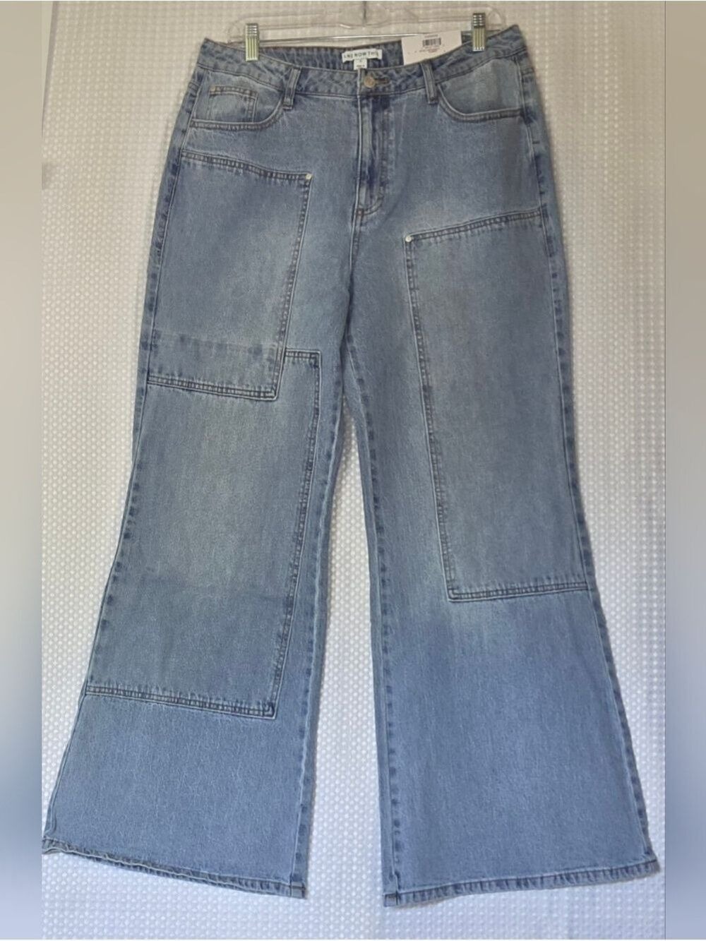 Patchwork Wide Leg Jeans Light Wash Utility Carpenter Y2K Boho - Picture 7 of 10